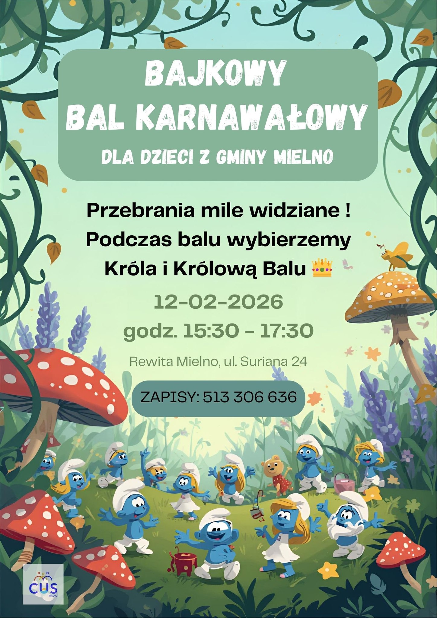 ></a></h2><h2><br></h2><h2><br></h2><h3>Centrum Usług Społecznych serdecznie zaprasza dzieci z Gminy Mielno na Bajkowy Bal Karnawałowy!&nbsp;</h3><p></p><div><strong=
